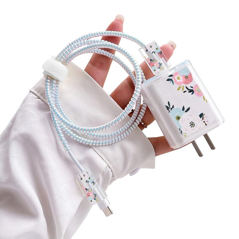 CameCosy Cute DIY Protectors Cable Protector for iPhone ChargerElegant White Flowers PatternData Cable Charger Data Line Earphone Wire Saver for iPhone X 13 12 11 Pro Max - Image 2