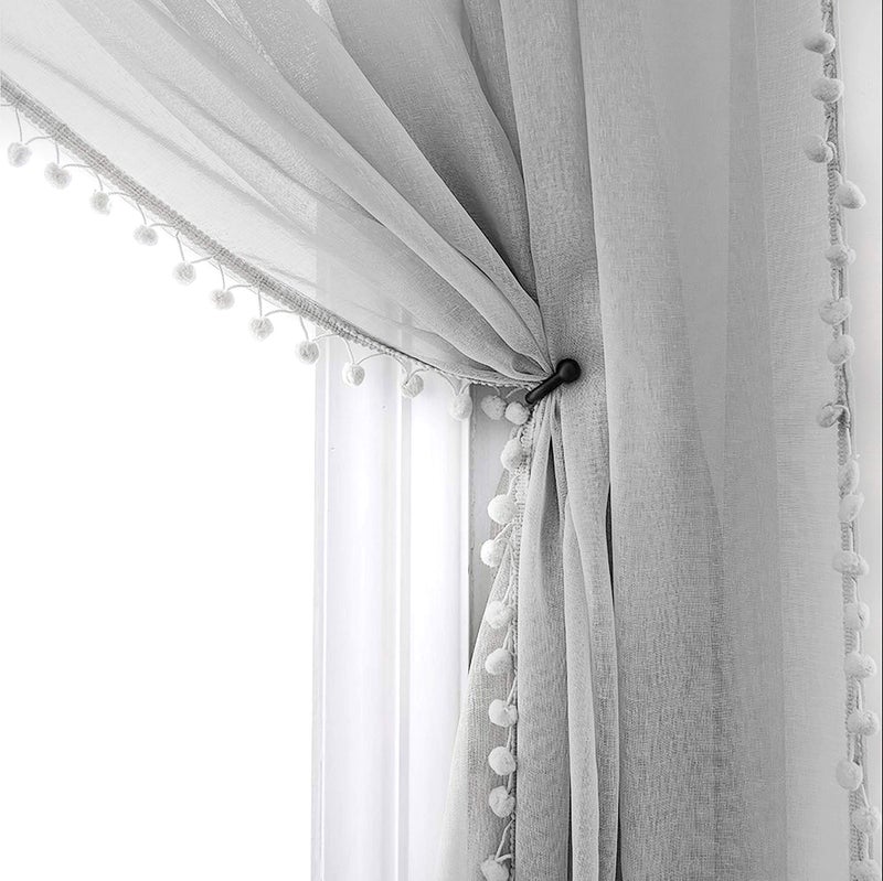 MISS SELECTEX Linen Look Pom Pom Tasseled Sheer Curtains - Rod Pocket Voile Semi-Sheer Curtains for Living and Bedroom, Set of 2 Curtain Panels (52 x 63 inch, Grey) - Image 1
