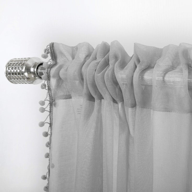 MISS SELECTEX Linen Look Pom Pom Tasseled Sheer Curtains - Rod Pocket Voile Semi-Sheer Curtains for Living and Bedroom, Set of 2 Curtain Panels (52 x 63 inch, Grey) - Image 3