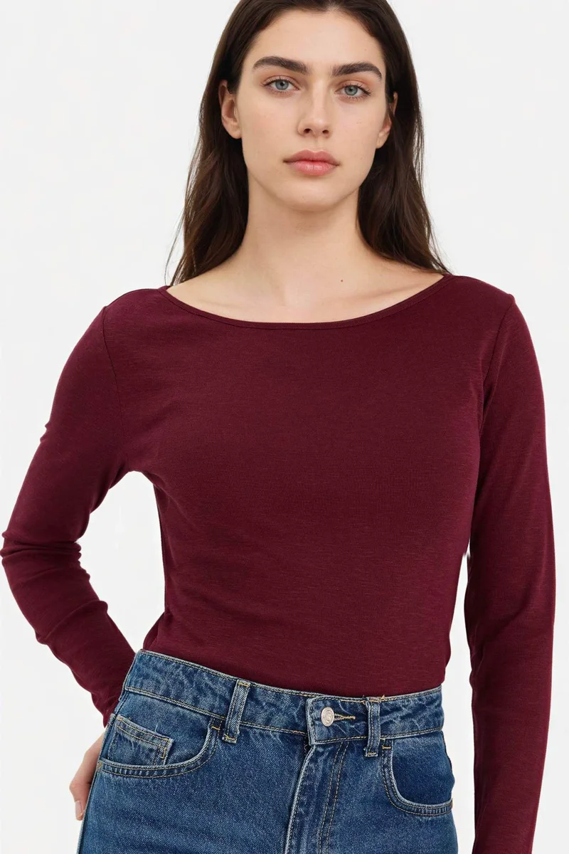 ديفاكتو 100% Cotton Slim Fit Boat Neck Ribbed T-Shirt