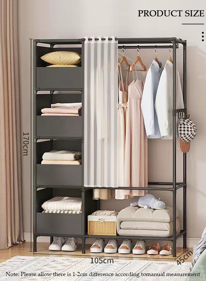 DUNISO Clothing Storage Cabinet with Curtain, Portable Wardrobe Storage Closet with 4 Hooks,4 Storage Box and Top 1 Crossbars, Coat Rack Freestanding with Shelves, for Living Room, Bedroom, Clothes Room - Image 2