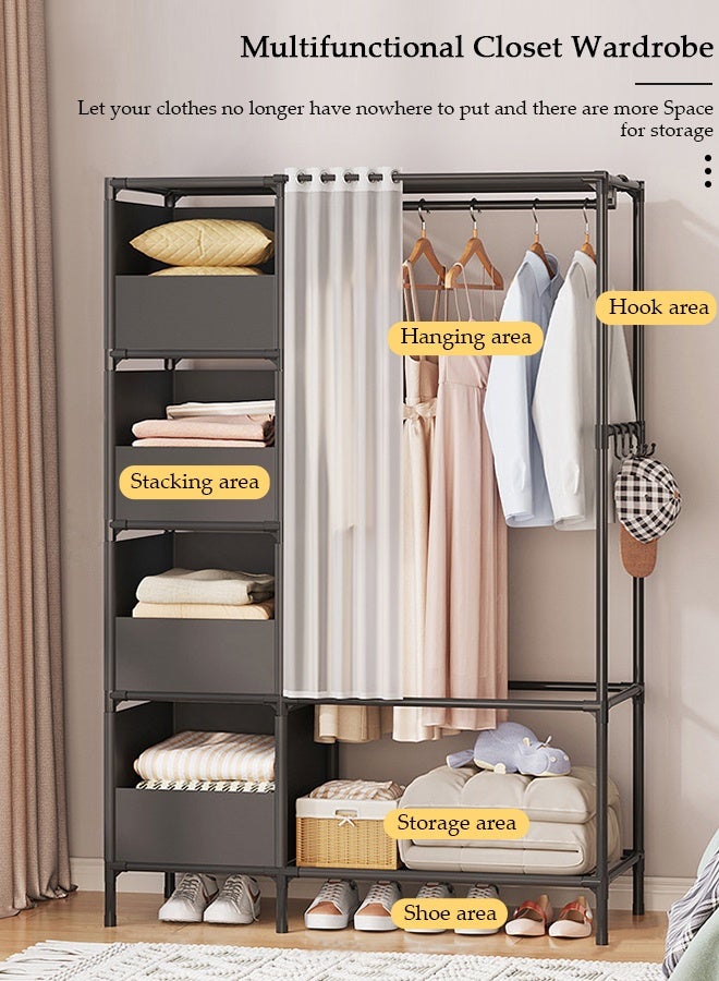 DUNISO Clothing Storage Cabinet with Curtain, Portable Wardrobe Storage Closet with 4 Hooks,4 Storage Box and Top 1 Crossbars, Coat Rack Freestanding with Shelves, for Living Room, Bedroom, Clothes Room - Image 5