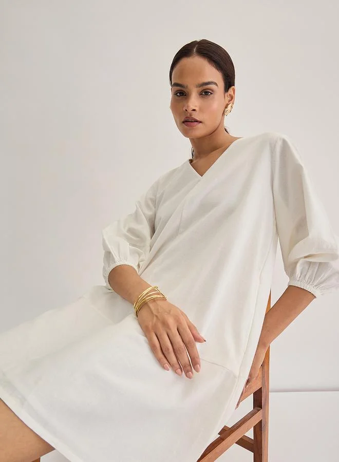 Femmella white White Cotton Linen Mini Dress with 3/4 Sleeves for Women | Best Price UAE