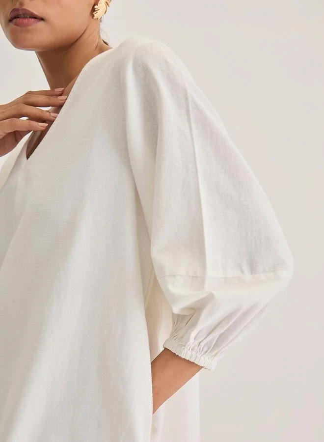 Femmella white White Cotton Linen Mini Dress with 3/4 Sleeves for Women | Best Price UAE