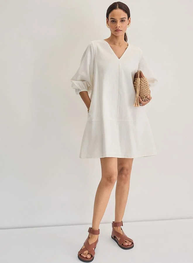 Femmella white White Cotton Linen Mini Dress with 3/4 Sleeves for Women | Best Price UAE