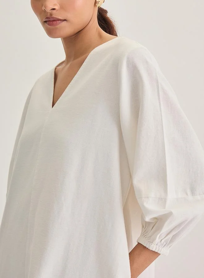 Femmella white White Cotton Linen Mini Dress with 3/4 Sleeves for Women | Best Price UAE