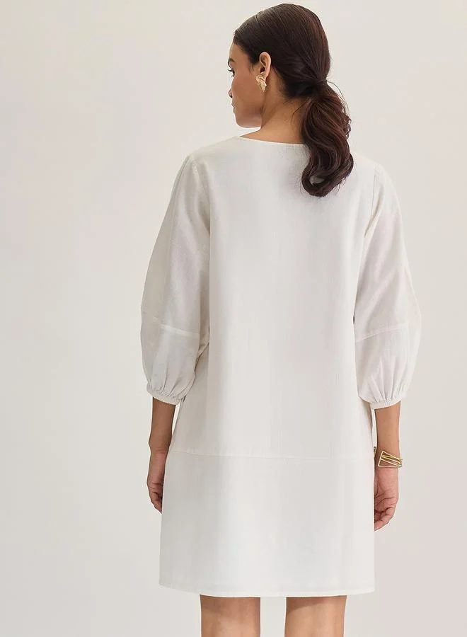 Femmella white White Cotton Linen Mini Dress with 3/4 Sleeves for Women | Best Price UAE