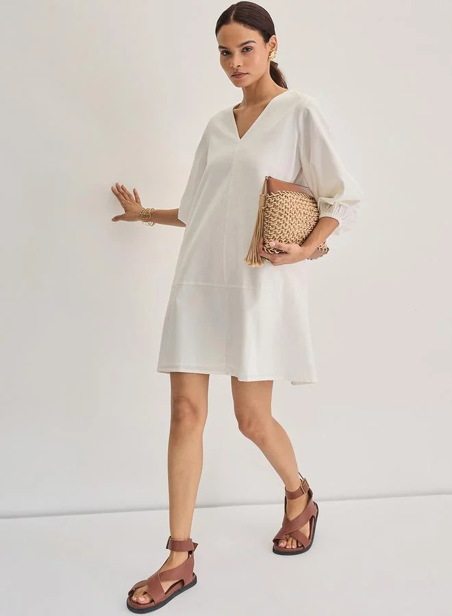 Femmella white White Cotton Linen Mini Dress with 3/4 Sleeves for Women | Best Price UAE