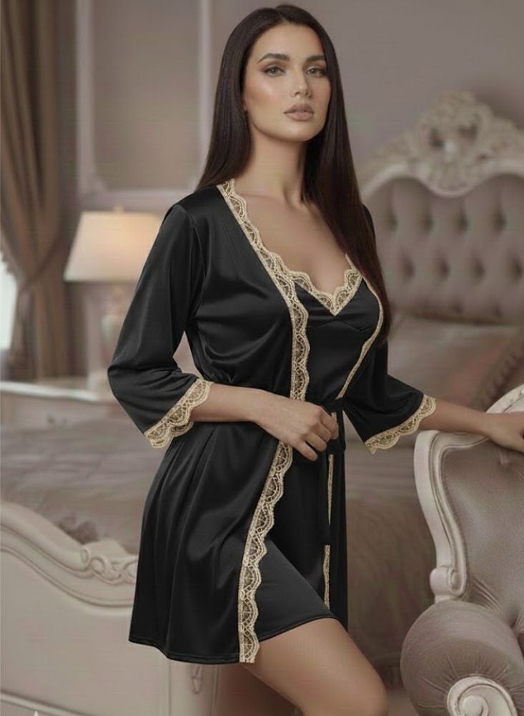 Cute Black Satin Nightwear Robe for Women – Soft Lace Border Short Gown with Waist Tie, Comfortable & Elegant Sleep and Lounge Wear - Image 2