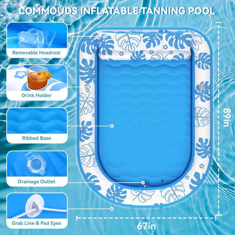 COMMOUDS Inflatable Tanning Pool Lounger Float with Cervical Pillow - Ultra Large(89" x 67") Pool Floats Adult for Sunbathing, Backyard, Pool Party - Inflate Ball Pit for Baby - Kid Swimming Pool Bed - Image 3