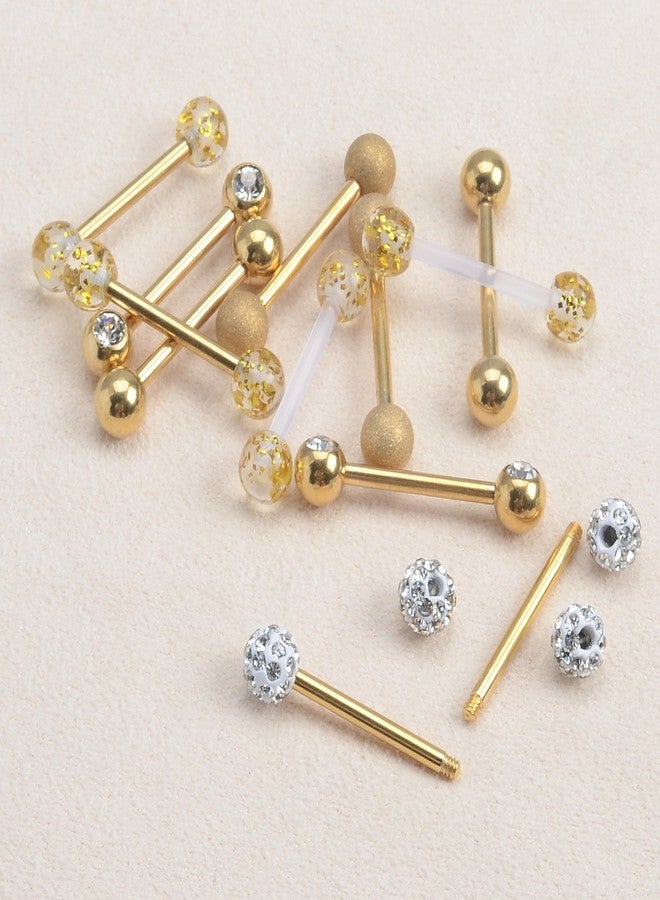CrazyPiercing 12Pcs Stainless Steel Tongue Ring Barbell Retainer Body Piercing Jewelry 14G (Gold Pack) - Image 4