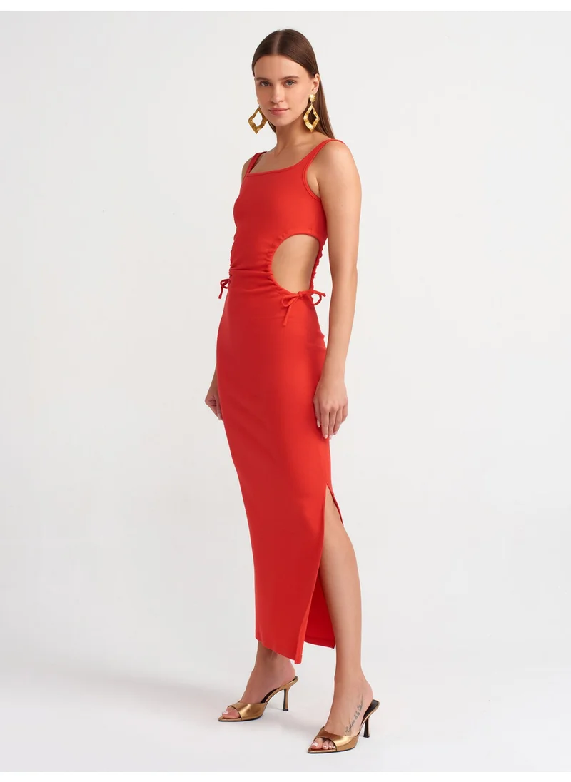 ديلفين 9094 Window Detailed Long Dress-Dark Red