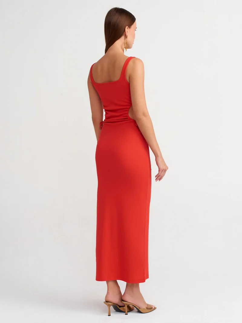 ديلفين 9094 Window Detailed Long Dress-Dark Red