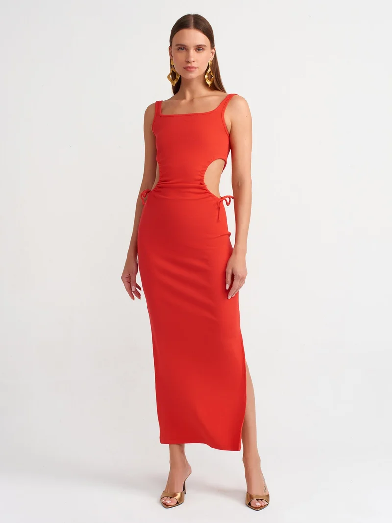ديلفين 9094 Window Detailed Long Dress-Dark Red