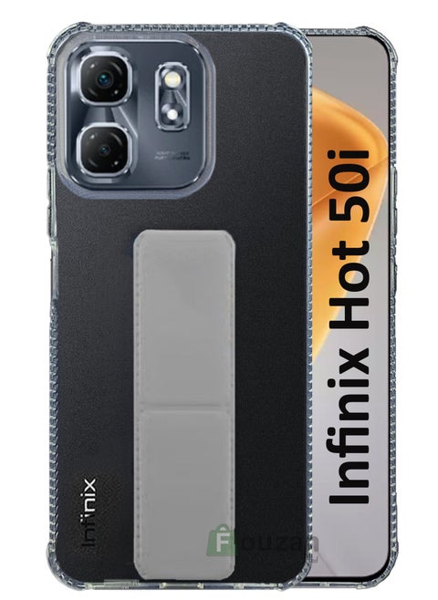 For Infinix Hot 50i Transparent Shock Proof Silicone- Magnetic Case With Hand Grip Holder & Kickstand -Clear/Grey