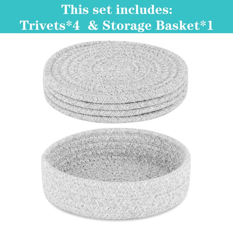 Cazzon Trivets For Hot Dishes  Pots And Pans  Hot Pads With Storage Basket  Pot Holders For Kitchen  Heat Resistant Mat Protect Counter Home Essentials  Farmhouse Decor (Gray 4 Pcs) - Image 2