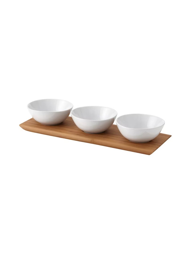 Tray with 3 bowls, bamboo/white - Image 1