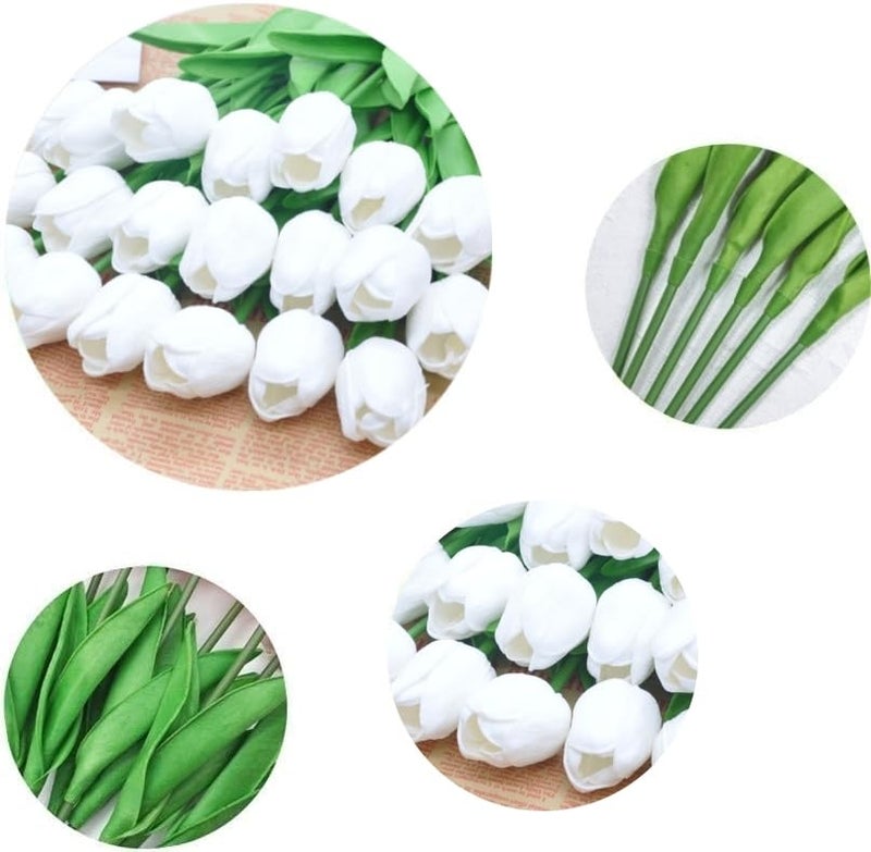 SHINE-CO LIGHTING PU Real Touch Tulips Artificial Flowers 30Pcs Flowers Arrangement Bouquet for Home Office Wedding Decoration (White) - Image 3