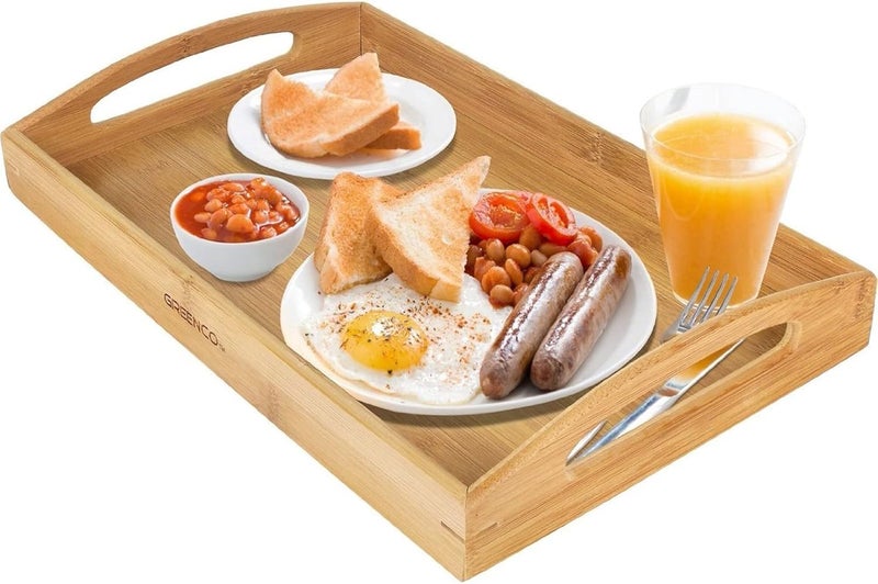 Greenco Rectangle Bamboo Butler Serving Tray with Handles - Bed Trays for Eating - Bed Tray - Breakfast Tray - Image 1