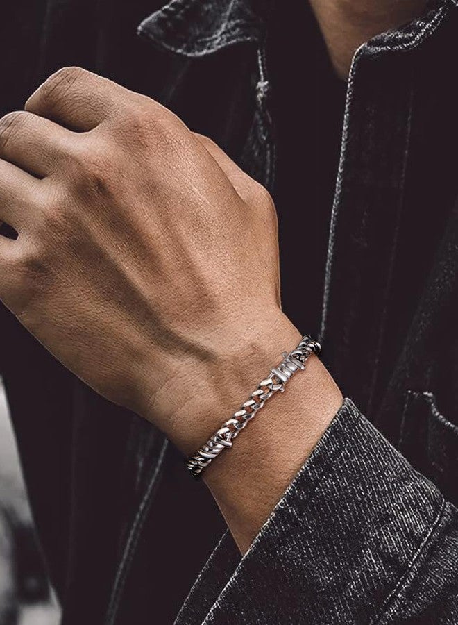 ChainsHouse Barbed Wire Bracelet, Cuban Link Chain Bracelet for Men, Stainless Steel Gothic Punk Thorns Hand Chain, Hip Hop Jewelry, 7mm/9 mm Width, 7"-8.3" Length, Send Gift Box, 7 inch, Stainless - Image 3