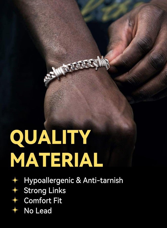 ChainsHouse Barbed Wire Bracelet, Cuban Link Chain Bracelet for Men, Stainless Steel Gothic Punk Thorns Hand Chain, Hip Hop Jewelry, 7mm/9 mm Width, 7"-8.3" Length, Send Gift Box, 7 inch, Stainless - Image 2