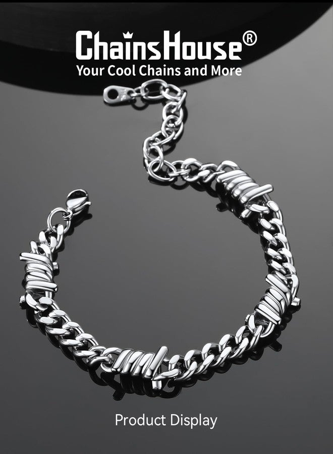 ChainsHouse Barbed Wire Bracelet, Cuban Link Chain Bracelet for Men, Stainless Steel Gothic Punk Thorns Hand Chain, Hip Hop Jewelry, 7mm/9 mm Width, 7"-8.3" Length, Send Gift Box, 7 inch, Stainless - Image 4