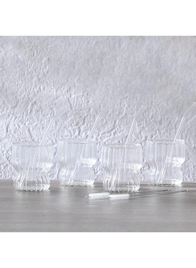 هوم بوكس Zen Borosilicate 10-Piece Rippled Drinking Glasses with Straws Set 320 ml