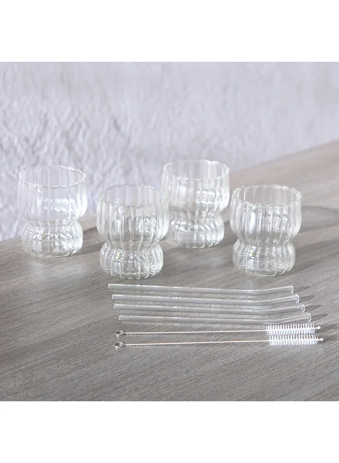 هوم بوكس Zen Borosilicate 10-Piece Rippled Drinking Glasses with Straws Set 320 ml