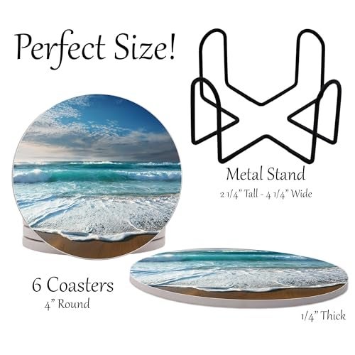 DAJDC Ocean Coastal Theme Round Coasters Set of 6 - Abosrbent Ceramic Coasters with Metal Stand for Drinks, Beer, Coffee, Non-Slip Cork Back for Tabletop Protection, 4 Inches (Beach) - Image 2