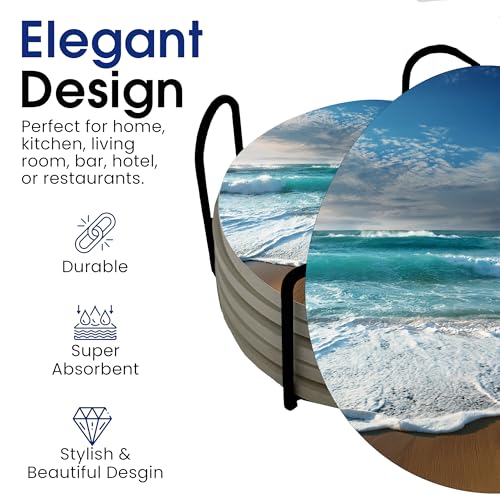 DAJDC Ocean Coastal Theme Round Coasters Set of 6 - Abosrbent Ceramic Coasters with Metal Stand for Drinks, Beer, Coffee, Non-Slip Cork Back for Tabletop Protection, 4 Inches (Beach) - Image 3