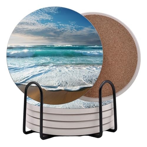 DAJDC Ocean Coastal Theme Round Coasters Set of 6 - Abosrbent Ceramic Coasters with Metal Stand for Drinks, Beer, Coffee, Non-Slip Cork Back for Tabletop Protection, 4 Inches (Beach) - Image 1