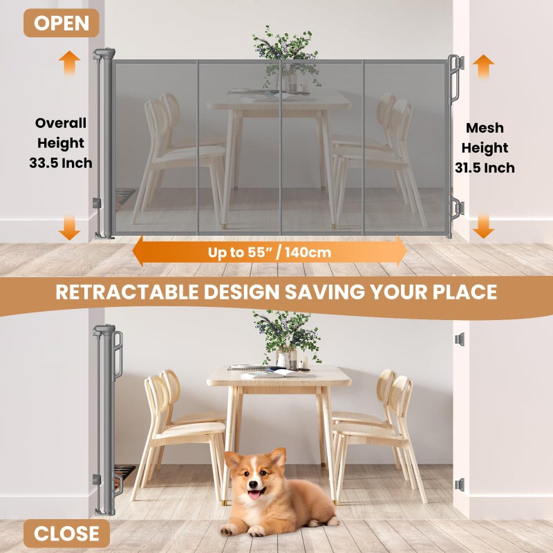 SPACEANY Reinforced Retractable Baby Gate, Mesh Dog Gate, Child Safety Gate for Doorways, Stairs, Hallways, Indoor/Outdoor, Wide Openings -33.5" Tall, Width up to 55" Gray - Image 2