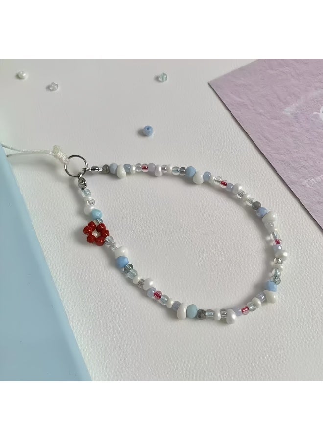 تعليقة هاتف مصنوعة يدويًا، سوار معصم خرزي لطيف مزين بالزهور، يمكن استخدامه كحبل للهاتف أو لتزيين الحقيبة والكاميرا - Image 2