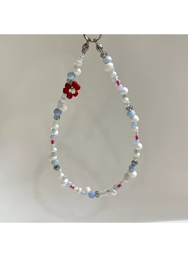 تعليقة هاتف مصنوعة يدويًا، سوار معصم خرزي لطيف مزين بالزهور، يمكن استخدامه كحبل للهاتف أو لتزيين الحقيبة والكاميرا - Image 1