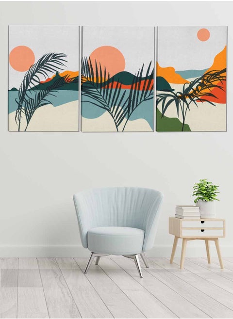 Set Of 3 Framed Canvas Wall Arts Stretched Over Wooden Frame Mountains Sand Palm Leaf Abstract Paintings For Home Living Room Office Decor