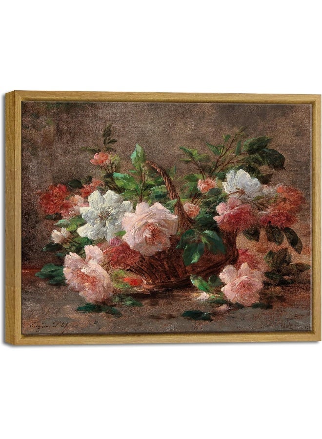 Pyradecor Large Vintage Wall Art Retro Natural Wood Framed Home Decor A Basket with Roses Canvas Prints Classical Floral Painting Artwork for Bedroom Farmhouse Office Decorations AH1107-2836NW - Image 1
