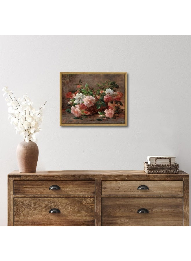 Pyradecor Large Vintage Wall Art Retro Natural Wood Framed Home Decor A Basket with Roses Canvas Prints Classical Floral Painting Artwork for Bedroom Farmhouse Office Decorations AH1107-2836NW - Image 3