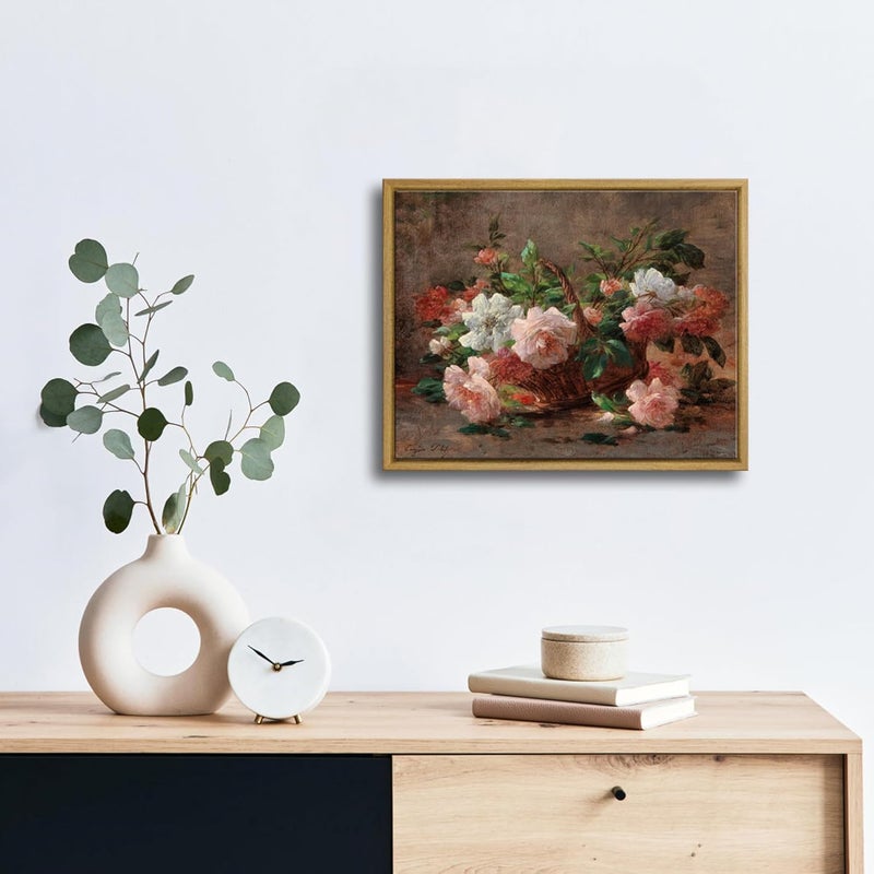 Pyradecor Large Vintage Wall Art Retro Natural Wood Framed Home Decor A Basket with Roses Canvas Prints Classical Floral Painting Artwork for Bedroom Farmhouse Office Decorations AH1107-2836NW - Image 2