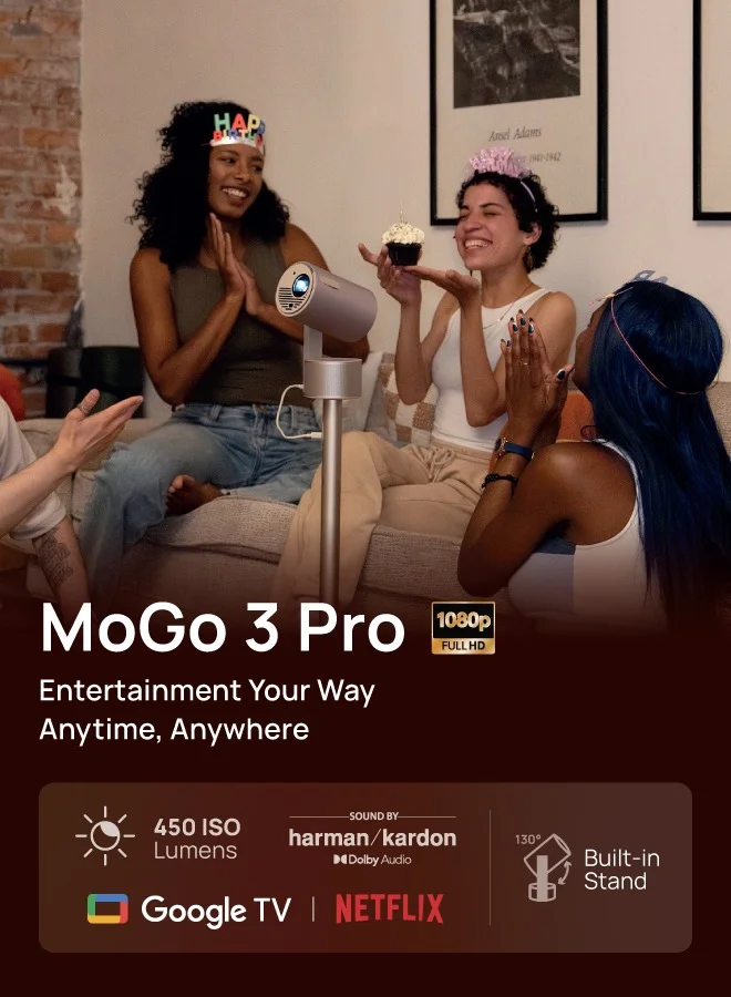 XGIMI MoGo 3 Pro 1080P Portable Projector, Google TV with Licensed Netflix, Build-in Adjustable Stand, Mini Projector Supports Power Banks, 450 ISO Lumens, ISA 2.0, 2 x 5W Harman Kardon