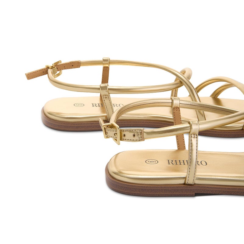 Rihero Flat Sandals for Women Summer Strappy Gold Sandals Wide Width Open Toe Comfortable Ankle Strap Lace Up Sandals Size 8.5 - Image 5