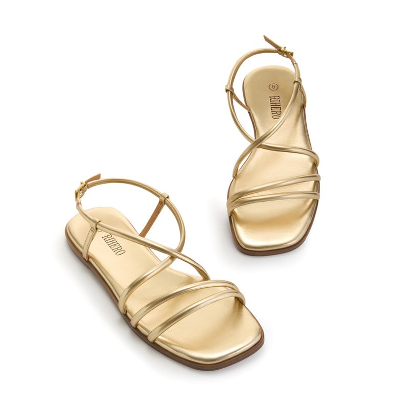 Rihero Flat Sandals for Women Summer Strappy Gold Sandals Wide Width Open Toe Comfortable Ankle Strap Lace Up Sandals Size 8.5 - Image 3