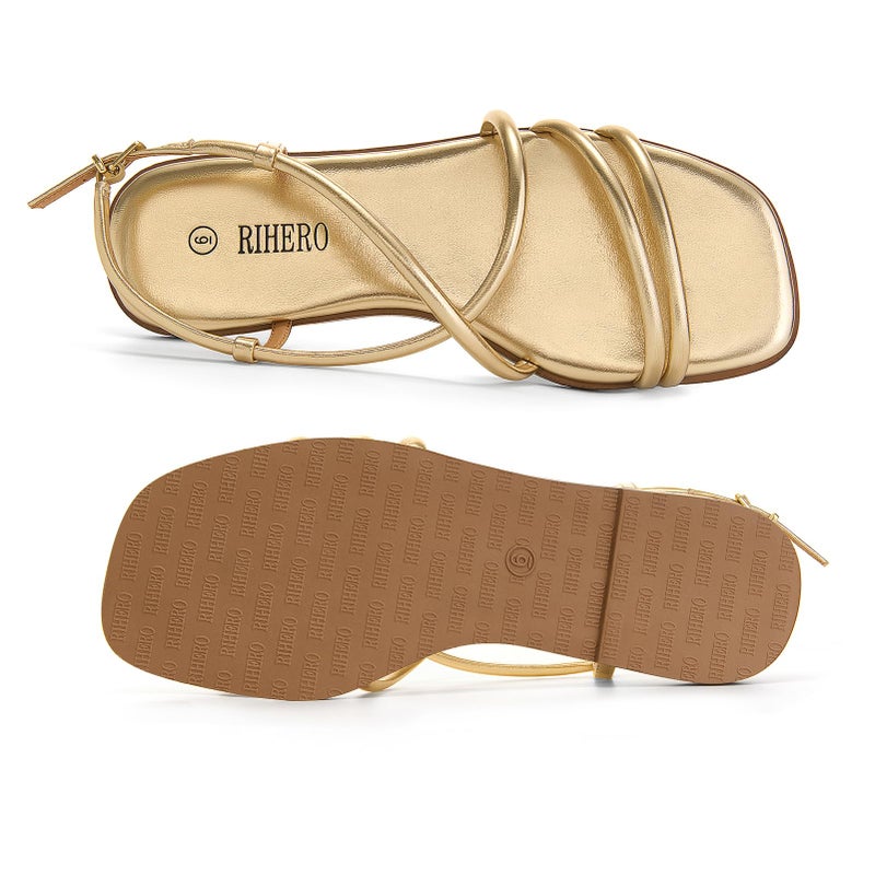 Rihero Flat Sandals for Women Summer Strappy Gold Sandals Wide Width Open Toe Comfortable Ankle Strap Lace Up Sandals Size 8.5 - Image 4