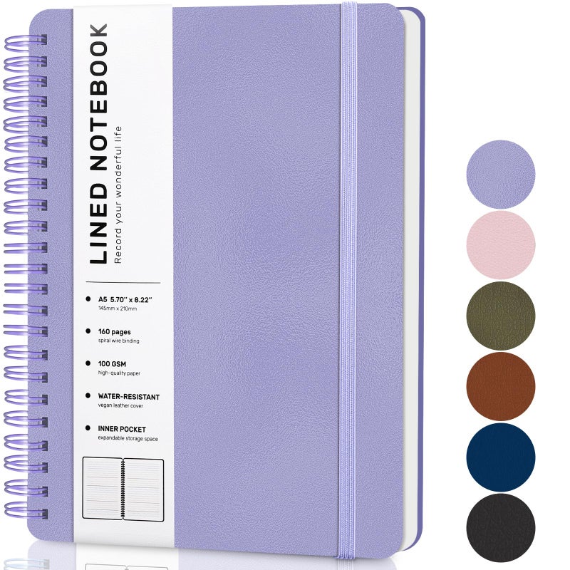 ABERLLS Purple Lined Spiral Journal Notebook with 160 Pages, 8Ã—5.7in, A5 Spiral Notebook, Journaling Notebooks for Work, School, Women, Men, College Ruled Spiral Notebook, Hardcover Leather Journals - Image 1