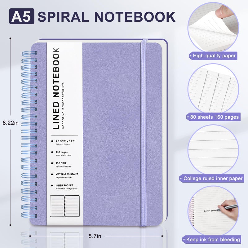 ABERLLS Purple Lined Spiral Journal Notebook with 160 Pages, 8Ã—5.7in, A5 Spiral Notebook, Journaling Notebooks for Work, School, Women, Men, College Ruled Spiral Notebook, Hardcover Leather Journals - Image 2