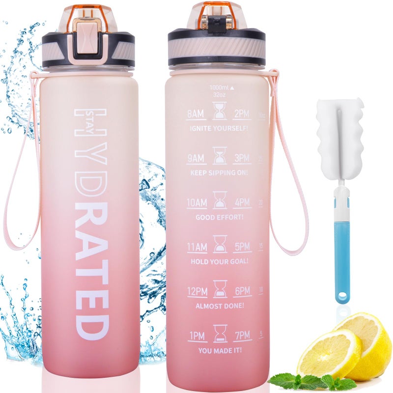 QLUR Water Bottle with Straw  32 oz Motivational Water Bottles with Time Marker to Drink  Tritan BPA Free  1L Sports Water Bottle with Carry Strap LeakProof for Women Men Gym Fitness Outdoor (1 Pack)