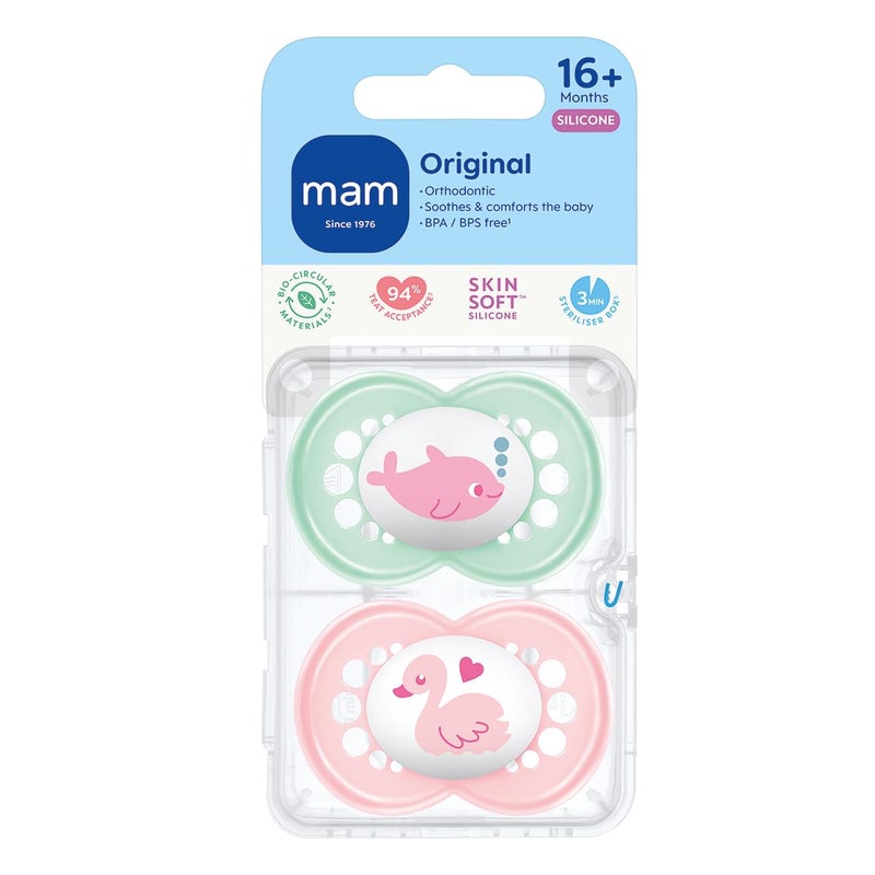 MAM MAM Original Soothers | 16 Plus Months | Pack of 2 | Comes in Dummy Steriliser Box | Sustainable Materials | Baby Accessories | Pink (Various Designs) - Image 2