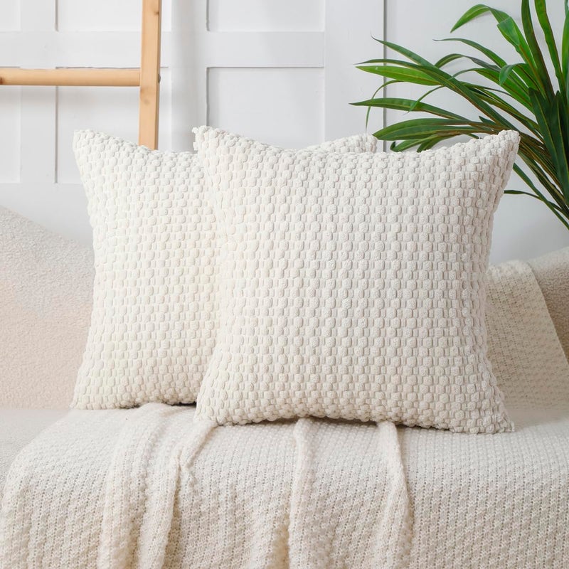 WOKANI Corduroy Cream White Throw Pillow Covers 18x18 Set of 2, Decorative Soft Boho Striped Decoration Pillowcases Modern Farmhouse Home Decor for Sofa Living Room Couch Bed - Image 1