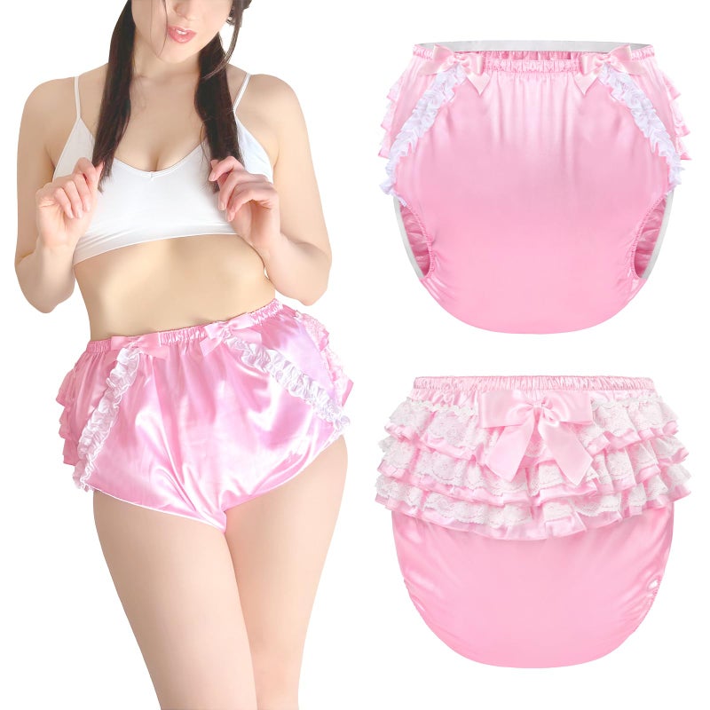 Littleforbig Washable Reusable Waterproof Ruffled Lace Bow Pretty in Pink Satin Over Adult Diaper Cover XXL - Image 3