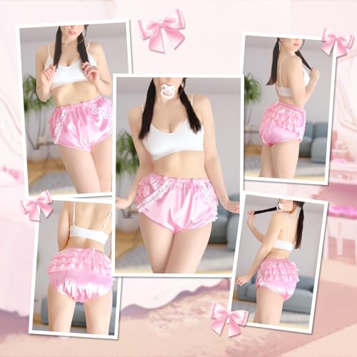 Littleforbig Washable Reusable Waterproof Ruffled Lace Bow Pretty in Pink Satin Over Adult Diaper Cover XXL - Image 5