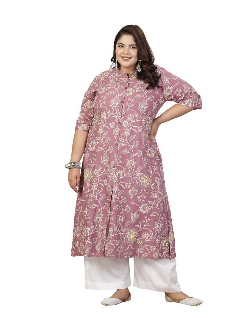 Stylum Women's Plus Size Floral Print Rayon A-Line Kurta Mauve - Image 1